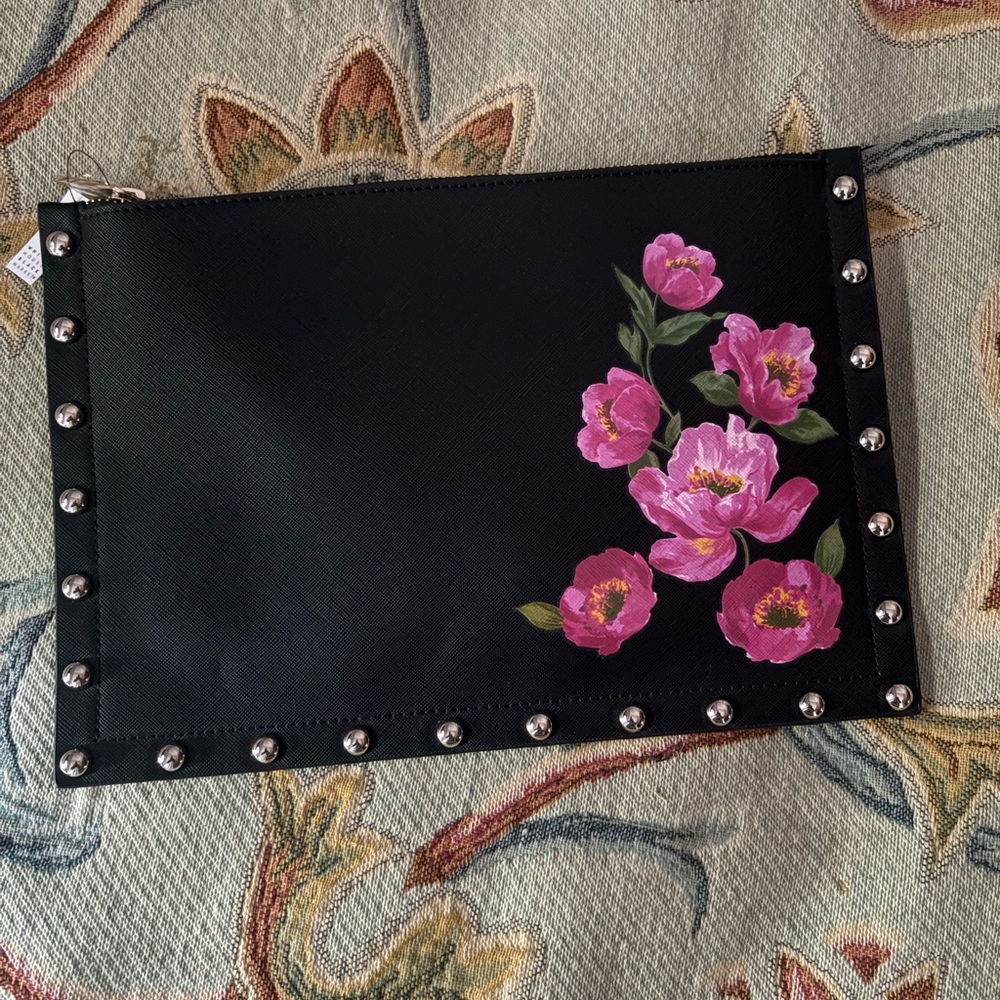 Studded Black Clutch with Pink Floral Design